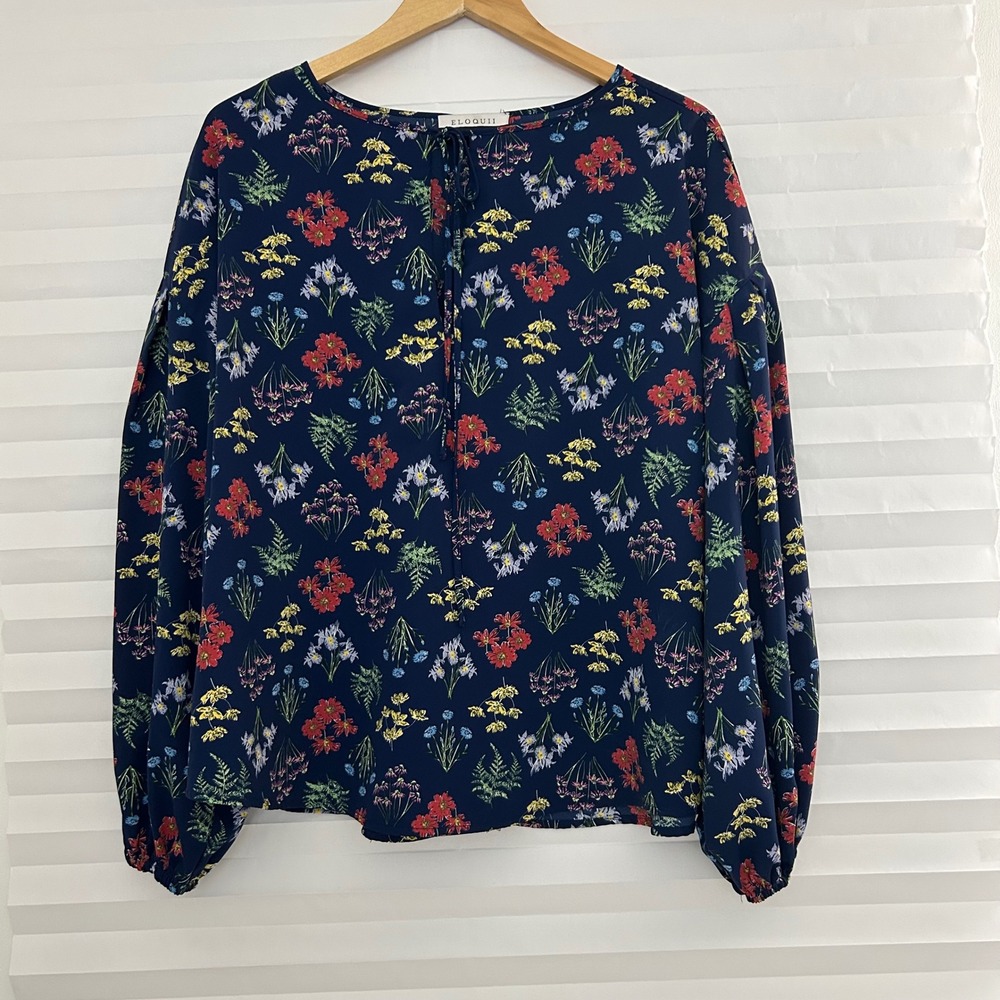Eloquii Elements‎ Navy Floral Balloon Sleeve Blouse Tie Neck Top Womens 16